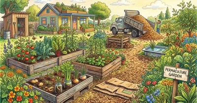 Pencil-crayon illustration of a thriving backyard permaculture garden built from free and recycled materials including cardboard sheet mulch, wood chips, and salvaged raised beds