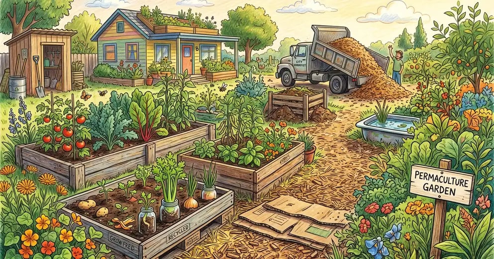 Pencil-crayon illustration of a thriving backyard permaculture garden built from free and recycled materials including cardboard sheet mulch, wood chips, and salvaged raised beds