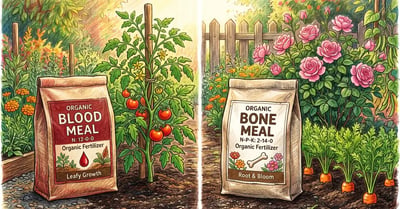 Bag of blood meal next to bag of bone meal on a wooden garden table with seedlings.