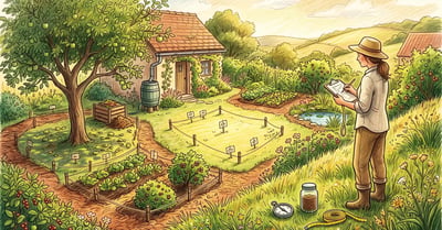 A gardener with a clipboard assessing a sunny backyard to plan a food forest, with an existing apple tree, soil sample jar, and marked planting zones