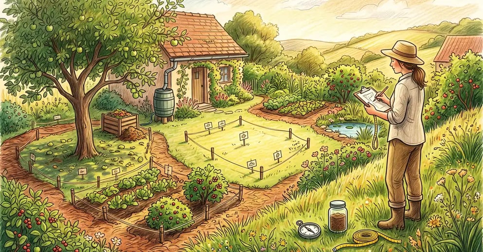 A gardener with a clipboard assessing a sunny backyard to plan a food forest, with an existing apple tree, soil sample jar, and marked planting zones