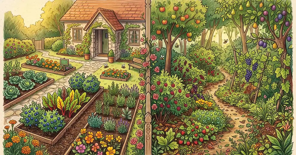 Split-scene comparison of a tidy ornamental edible landscape on the left and a lush layered food forest on the right