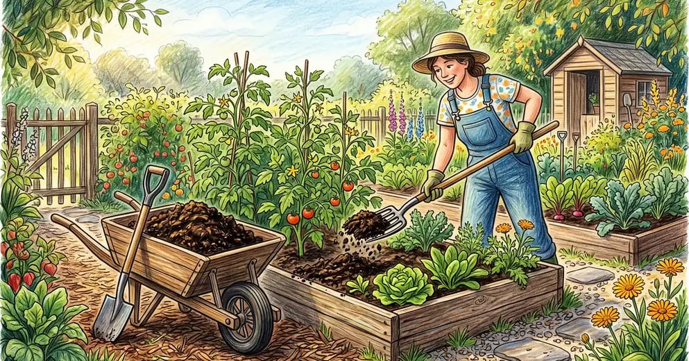 A gardener spreading dark, well-aged horse manure compost onto a raised vegetable bed with a wheelbarrow and healthy plants nearby