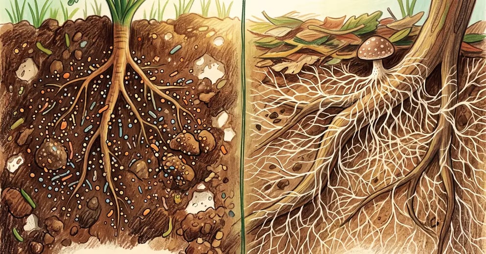 Split cross-section of garden soil showing bacteria around a vegetable root on one side and white fungal mycelium around a tree root on the other