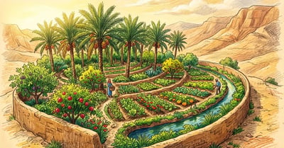 A lush green permaculture oasis of date palms and terraced fruit beds thriving against tan arid hills in a Middle Eastern desert