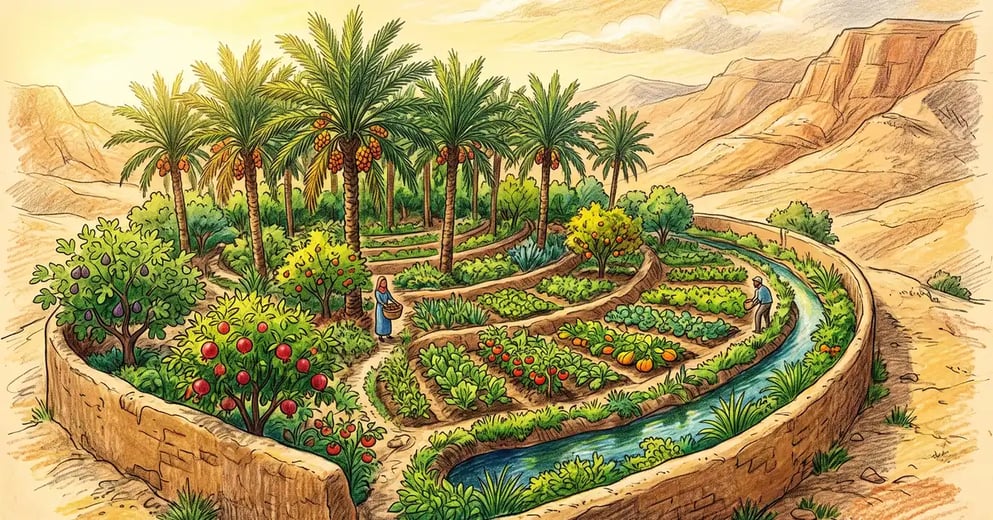 A lush green permaculture oasis of date palms and terraced fruit beds thriving against tan arid hills in a Middle Eastern desert