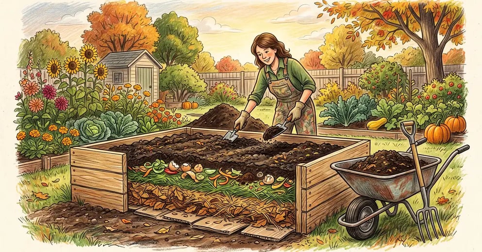 A gardener building a lasagna garden bed by layering cardboard, brown leaves, green scraps, and compost in a backyard