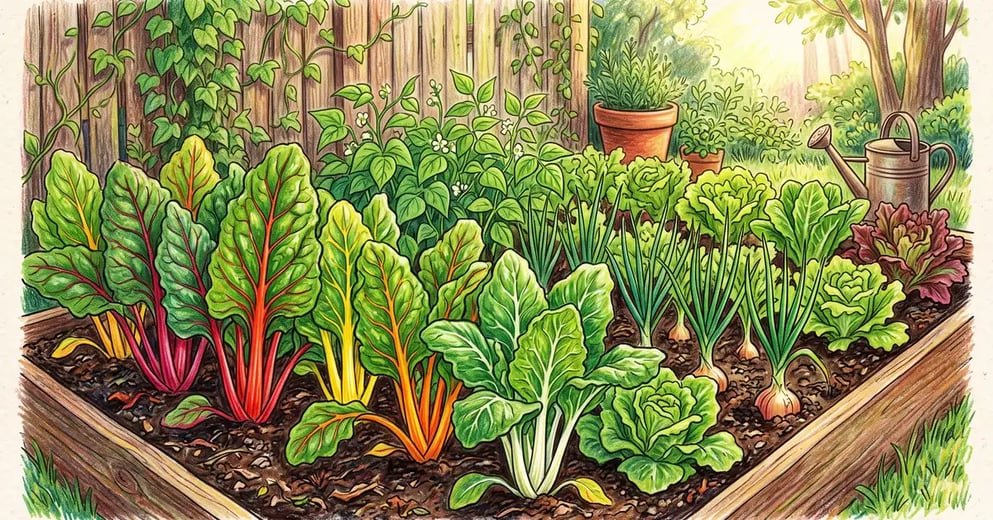 Rainbow Swiss chard with red, yellow, and orange stems growing among bush beans, onions, and lettuce in a productive backyard vegetable bed