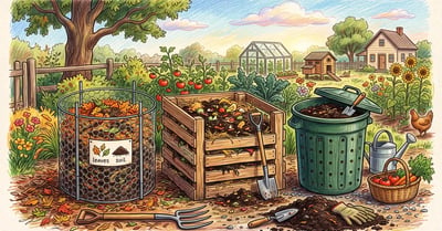 Several inexpensive DIY compost bins side by side in a backyard: a wire-mesh hoop bin, a wooden pallet bin, and a drilled plastic trash-can composter
