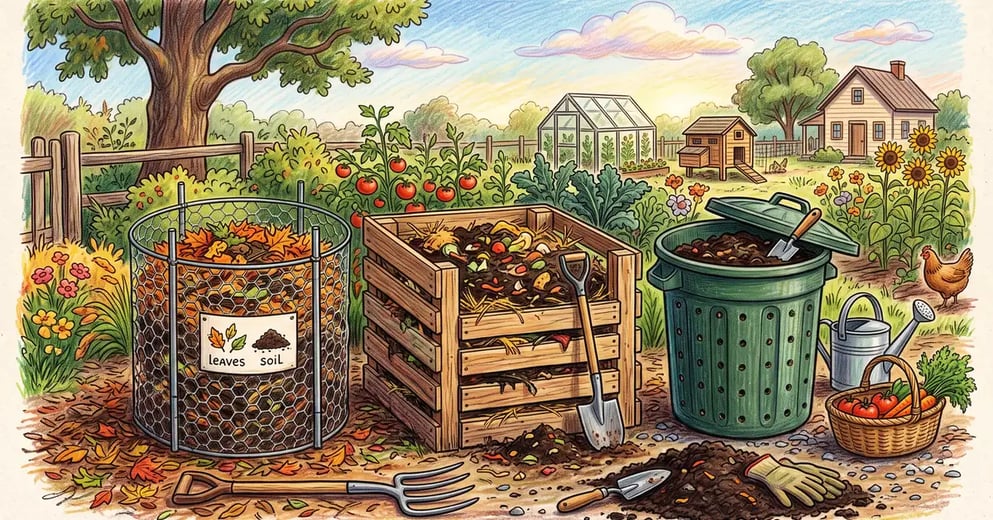 Several inexpensive DIY compost bins side by side in a backyard: a wire-mesh hoop bin, a wooden pallet bin, and a drilled plastic trash-can composter