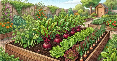 A raised vegetable bed of beets with deep red roots growing among bush beans, onions, and lettuce in a productive backyard garden