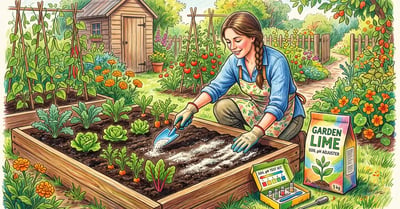 A gardener spreading pale garden lime over dark soil in a raised bed to raise soil pH, with a bag of lime and a soil test kit nearby