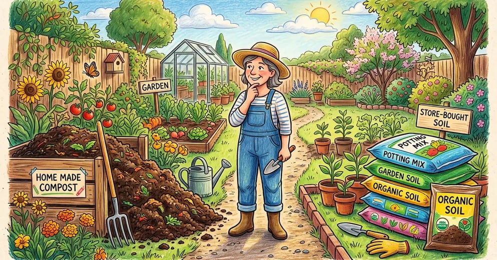 A split garden scene comparing a heap of dark homemade compost with bags of store-bought potting and garden soil, a gardener deciding between them