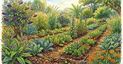 A lush syntropic agroforestry garden with dense rows of tall biomass plants alternating with rows of vegetable crops