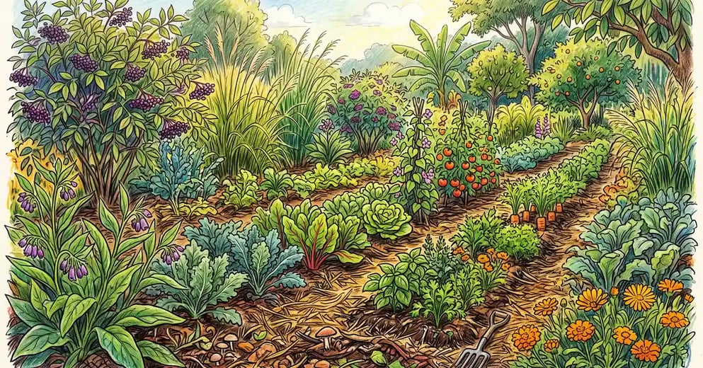 A lush syntropic agroforestry garden with dense rows of tall biomass plants alternating with rows of vegetable crops