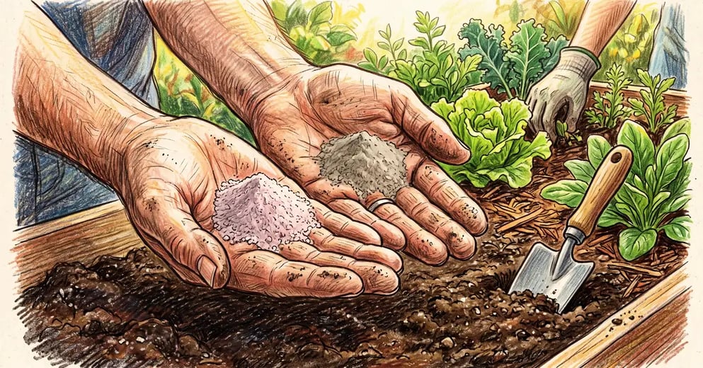 A gardener's hands holding two small piles of powdered mineral soil amendments, azomite and rock phosphate, over rich dark garden soil
