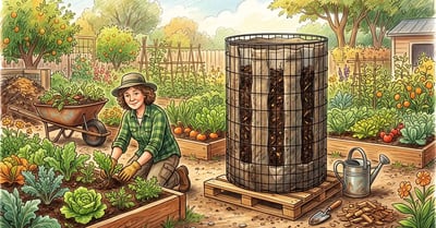 A Johnson-Su compost bioreactor in a backyard garden, a tall mesh cylinder of dark compost on a pallet with vertical air channels