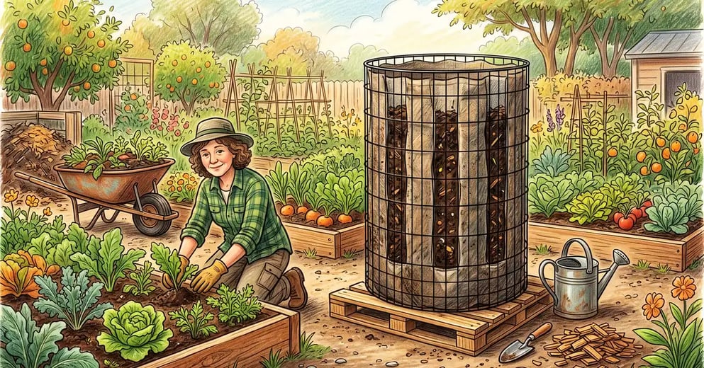 A Johnson-Su compost bioreactor in a backyard garden, a tall mesh cylinder of dark compost on a pallet with vertical air channels