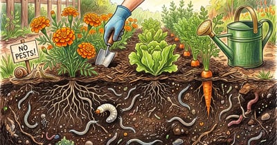 Cutaway of garden soil beneath vegetables and French marigolds showing beneficial nematodes and a grub, natural pest control