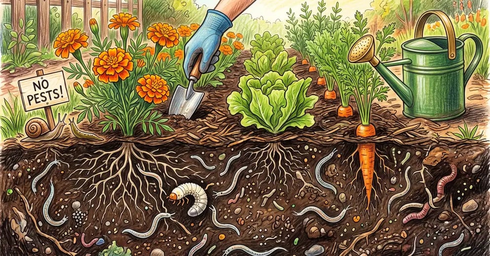 Cutaway of garden soil beneath vegetables and French marigolds showing beneficial nematodes and a grub, natural pest control