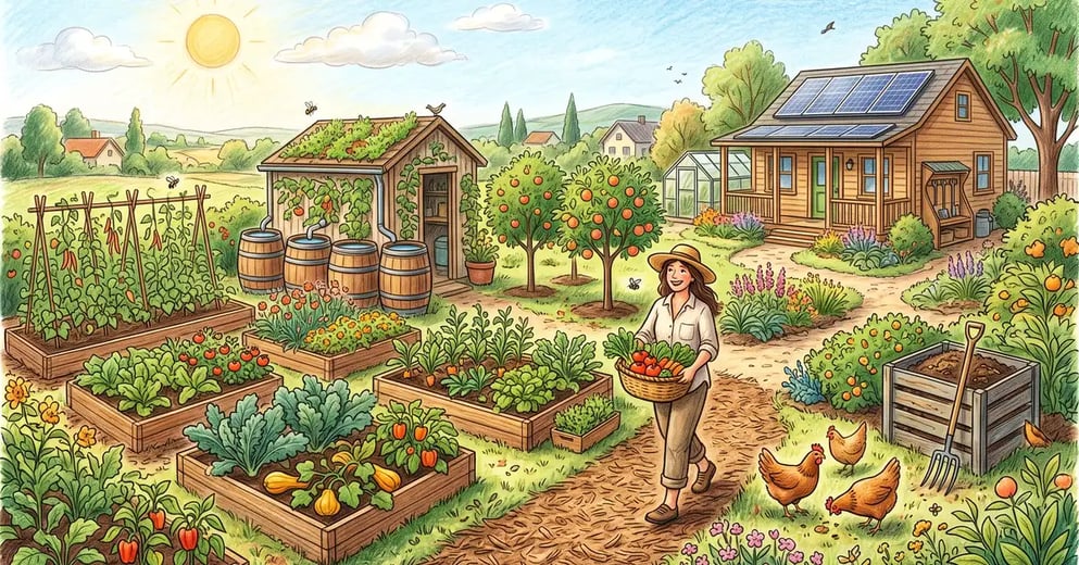 A productive small permaculture homestead with raised vegetable beds, fruit trees, hens, and a person carrying a basket of harvest