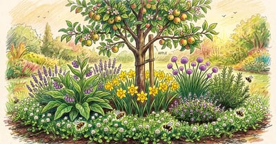A fruit tree guild with an apple tree underplanted by comfrey, chives, daffodils, and clover with bees on flowering herbs