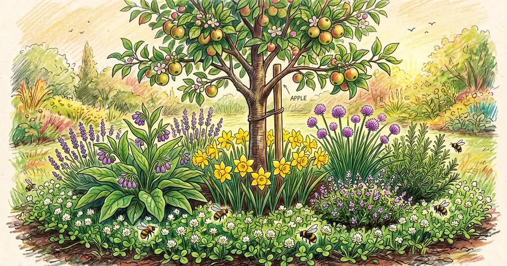 A fruit tree guild with an apple tree underplanted by comfrey, chives, daffodils, and clover with bees on flowering herbs
