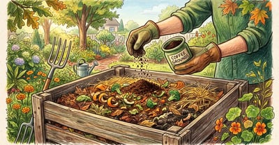 Gardener's hands sprinkling used coffee grounds onto a layered backyard compost pile of leaves and vegetable scraps