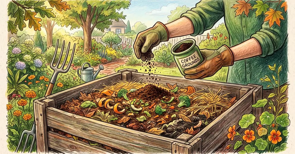 Gardener's hands sprinkling used coffee grounds onto a layered backyard compost pile of leaves and vegetable scraps