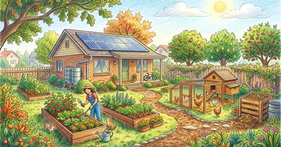 Productive retrofitted suburban backyard with solar panels, rainwater tanks, raised vegetable beds and fruit trees in pencil-crayon style