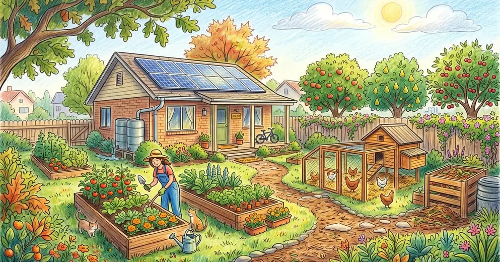 Productive retrofitted suburban backyard with solar panels, rainwater tanks, raised vegetable beds and fruit trees in pencil-crayon style