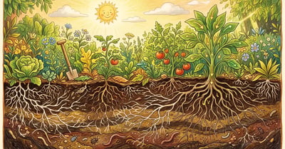 Illustration of a leafy garden above and rich dark soil below with roots and fungal threads carrying carbon into the earth