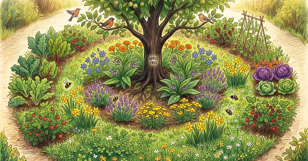 Overhead view of a fruit tree guild with a central apple tree ringed by comfrey, herbs, clover and daffodils with bees and birds