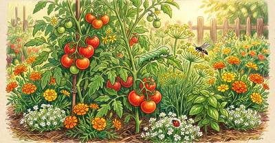 Tomato plants interplanted with flowering dill, basil and marigolds with a beneficial wasp and a green hornworm on a tomato stem
