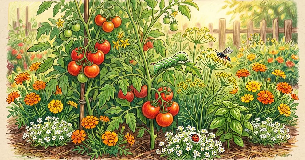 Tomato plants interplanted with flowering dill, basil and marigolds with a beneficial wasp and a green hornworm on a tomato stem