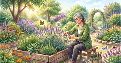 A person sitting peacefully on a bench in a lush sensory garden tending lavender and herbs in raised beds with butterflies and soft sunlight