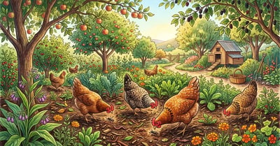 Backyard hens foraging beneath fruit trees in a layered food forest garden with comfrey and leafy greens, a pencil-crayon illustration