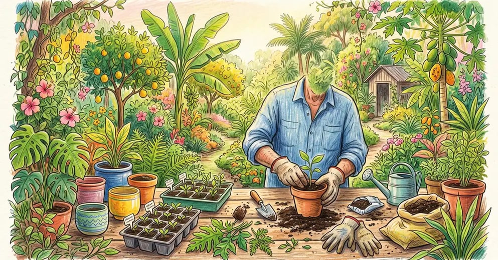 A home plant nursery bench of seedling trays and potted cuttings with a densely planted syntropic garden behind, a pencil-crayon illustration
