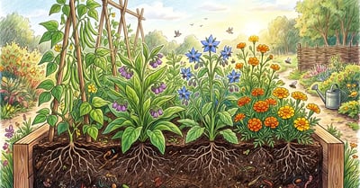A vegetable garden bed of companion plants including beans, comfrey, and borage with roots and rich soil below, a pencil-crayon illustration