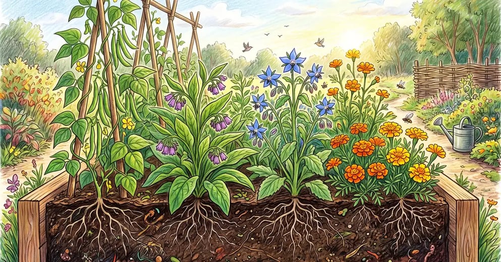 A vegetable garden bed of companion plants including beans, comfrey, and borage with roots and rich soil below, a pencil-crayon illustration
