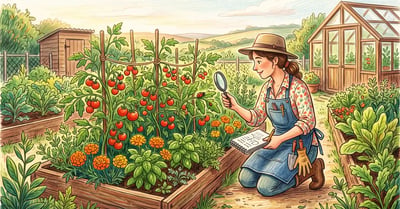 A gardener with a notebook examining tomatoes interplanted with marigolds and basil, illustrating companion planting research, a pencil-crayon illustration