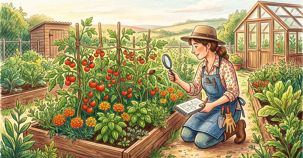 A gardener with a notebook examining tomatoes interplanted with marigolds and basil, illustrating companion planting research, a pencil-crayon illustration