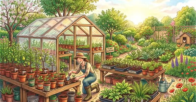 A backyard permaculture plant nursery with potted fruit tree whips, berry cuttings, and divided perennials on benches, a pencil-crayon illustration