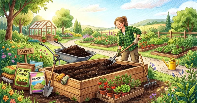 A gardener filling a wooden raised garden bed with rich dark soil mix from a wheelbarrow with compost and vermiculite nearby, a pencil-crayon illustration
