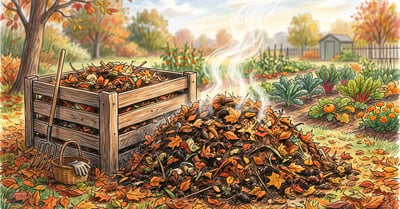 A steaming backyard compost pile on a crisp morning with warm vapor rising from dark decomposing organic matter beside a wooden compost bin