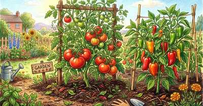Healthy tomato and pepper plants heavy with ripe red and green fruit in a sunny backyard vegetable garden with rich dark soil
