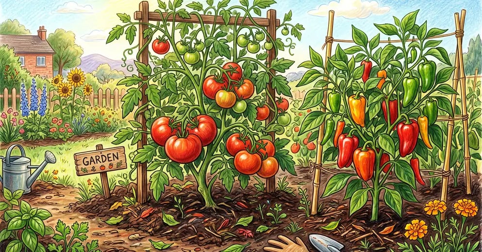 Healthy tomato and pepper plants heavy with ripe red and green fruit in a sunny backyard vegetable garden with rich dark soil
