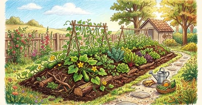 A finished hugelkultur mound garden bed planted with squash, beans, and leafy greens spilling down its sides on a sunny day