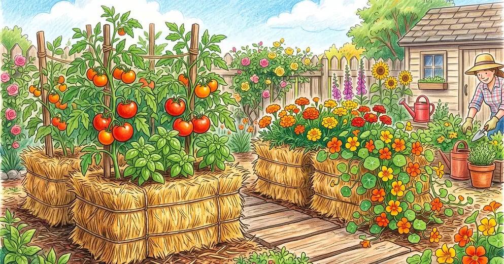 A straw bale garden with golden bales planted with tomatoes, basil, marigolds, and trailing nasturtiums in a sunny backyard