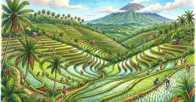 Lush green Balinese rice terraces cascading down a volcanic hillside with palm trees under a tropical sky